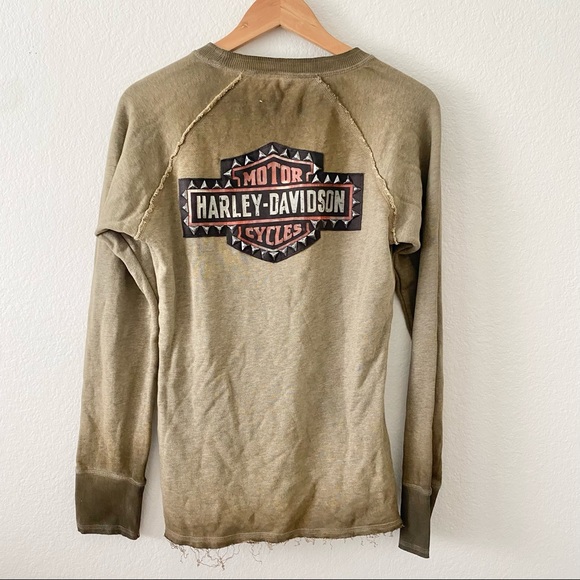 Harley Davidson Army Green Studded Crewneck Distressed Sweatshirt - Picture 5 of 5